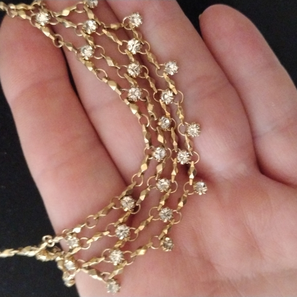 Vintage Gold Tone Loose Mesh Bib Choker Necklace W/ Crystal Rhinestones - Picture 4 of 5